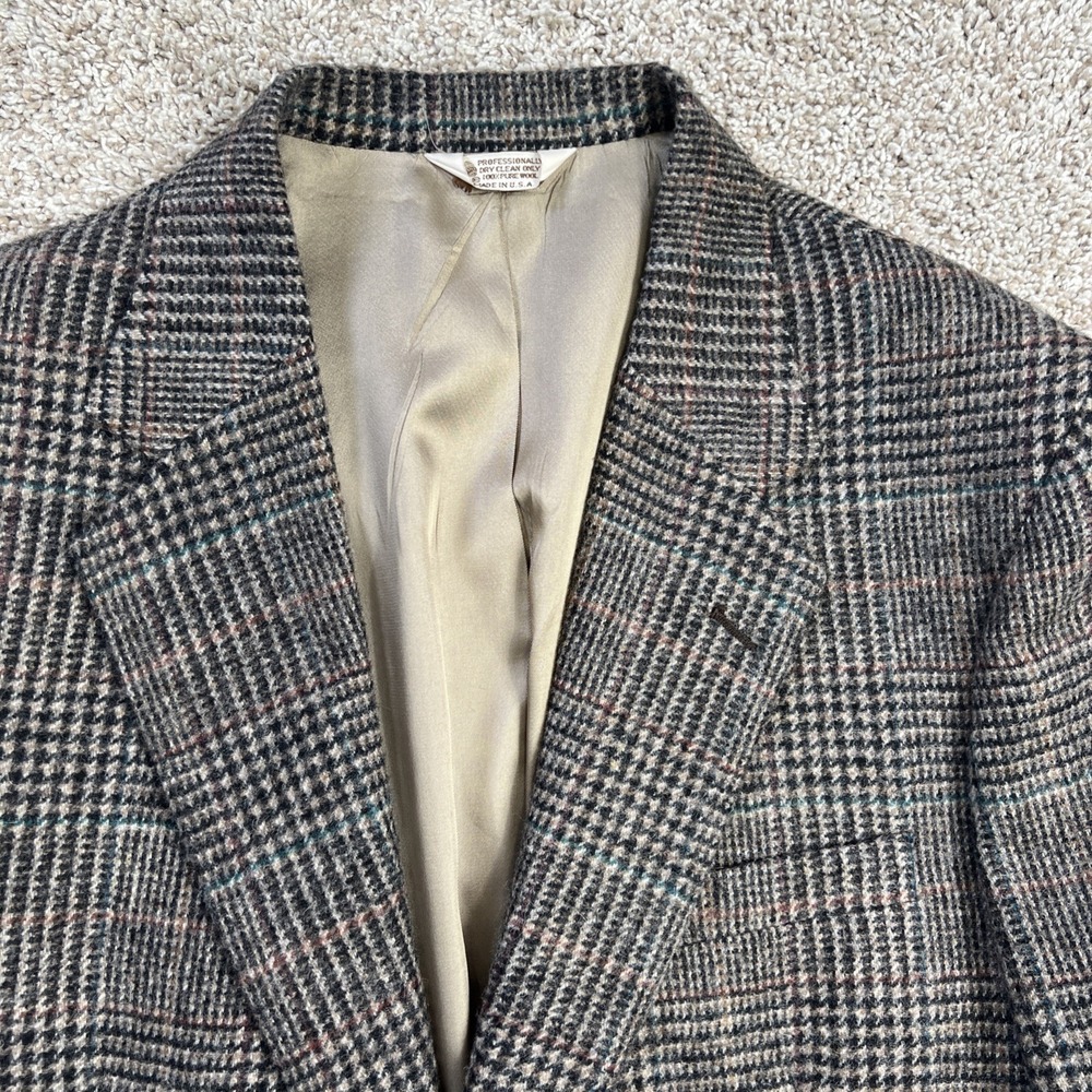 Vintage Hunt Valley Mens 42L Tweed Blazer Glen Check Wool USA Black Multicolored - Picture 2 of 13
